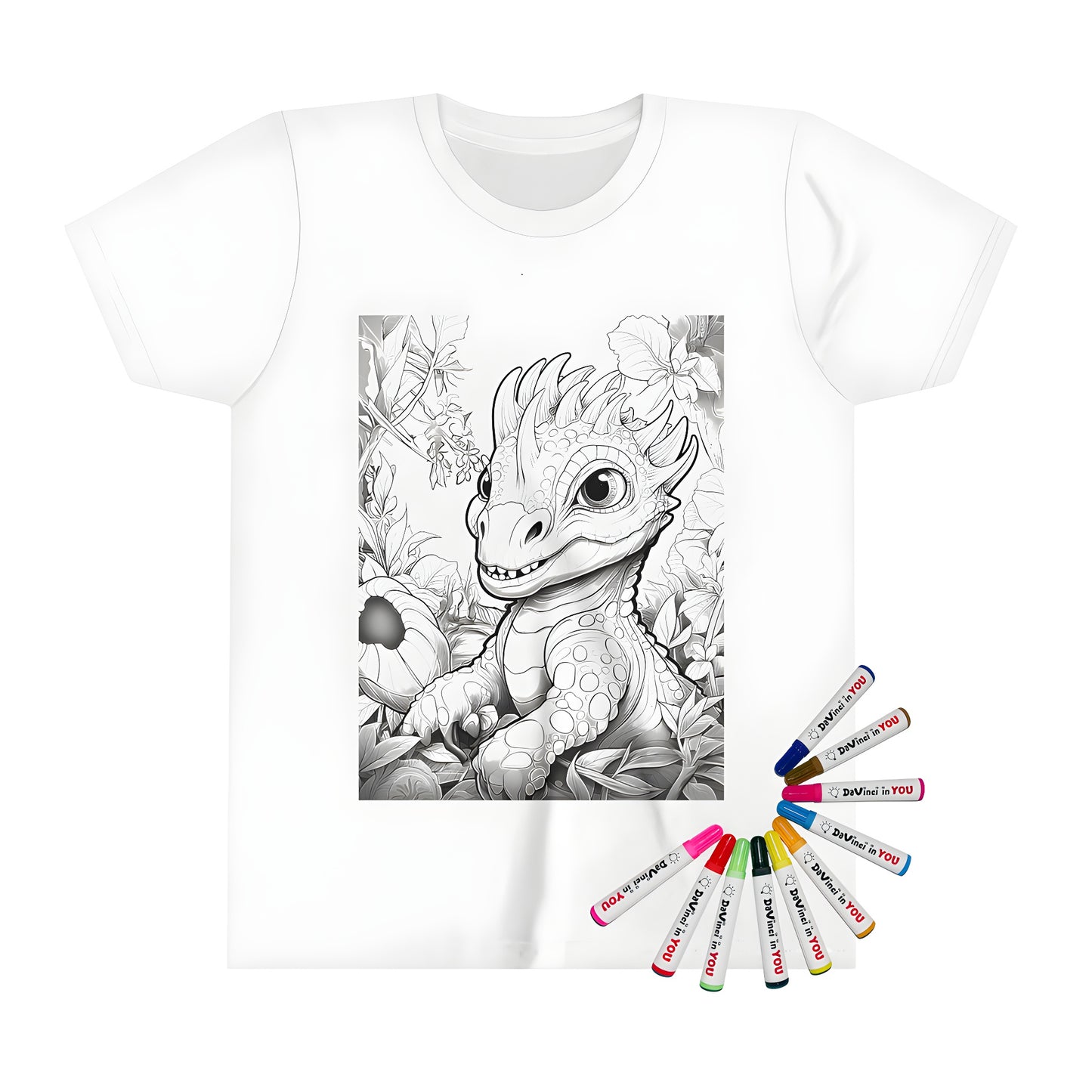 Kid's T-shirt with cute baby dinosaur illustration, fabric markers included