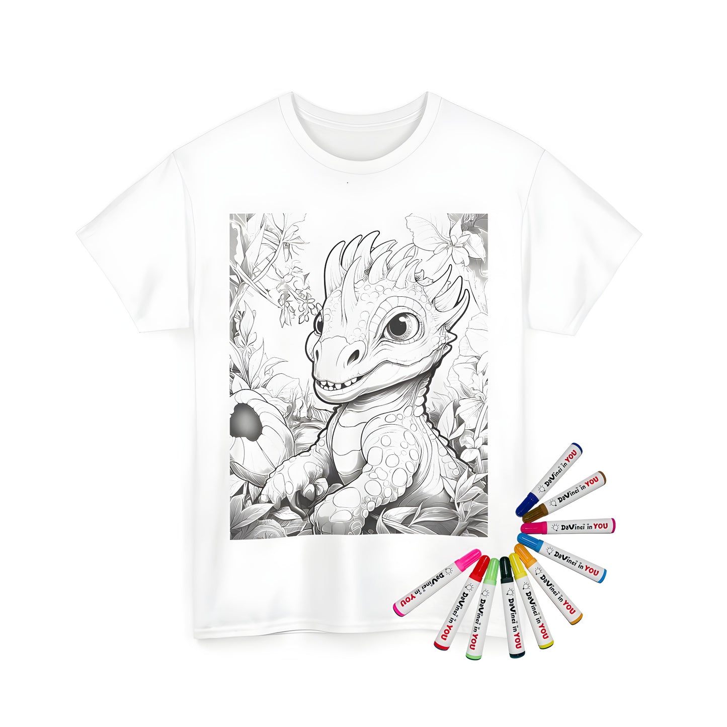 Unisex t-shirt featuring a colorful illustration of a cute baby dinosaur surrounded by lush plants and flowers.