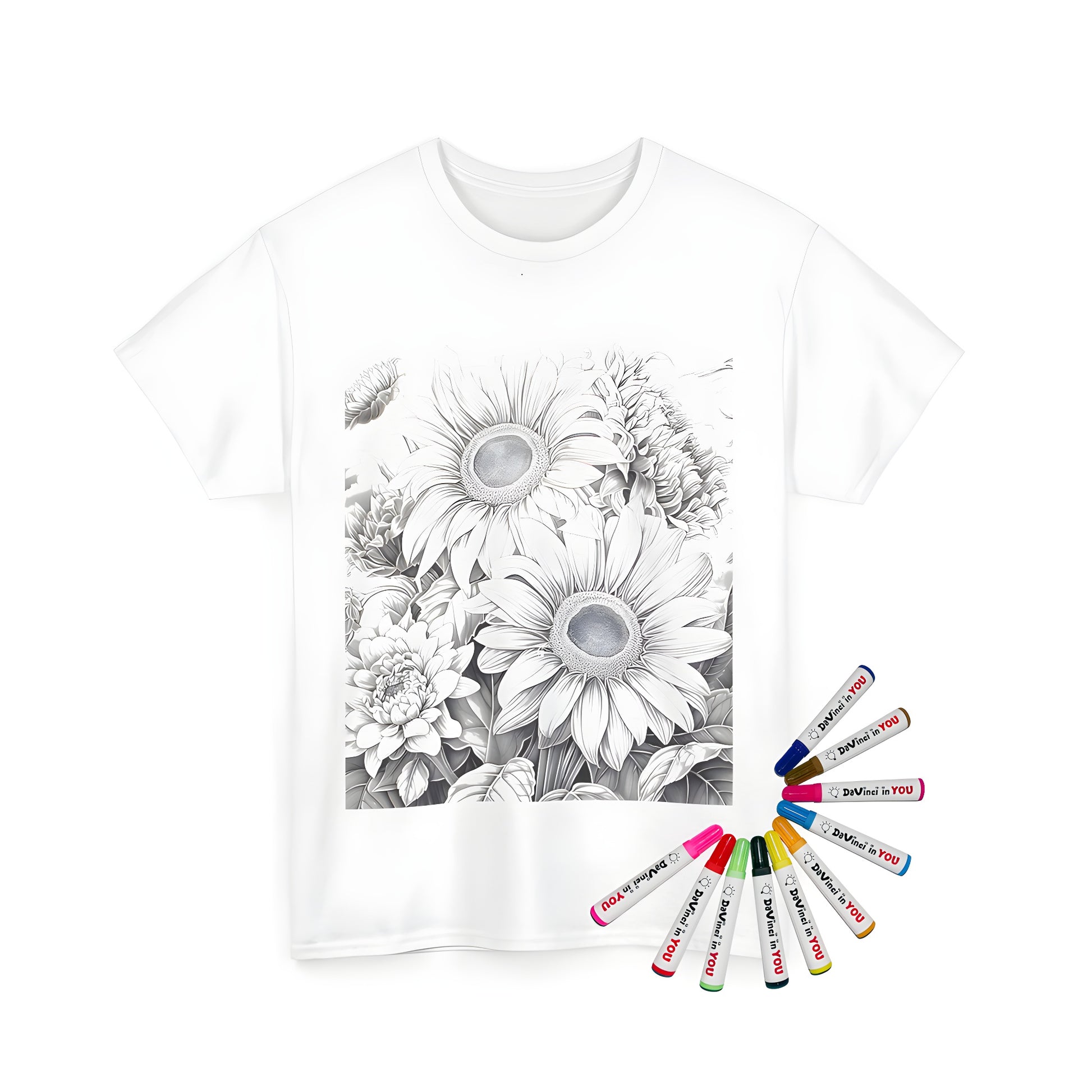 Unisex t-shirt featuring a vibrant grayscale illustration of sunflowers, daisies, and other flowers in a botanical design