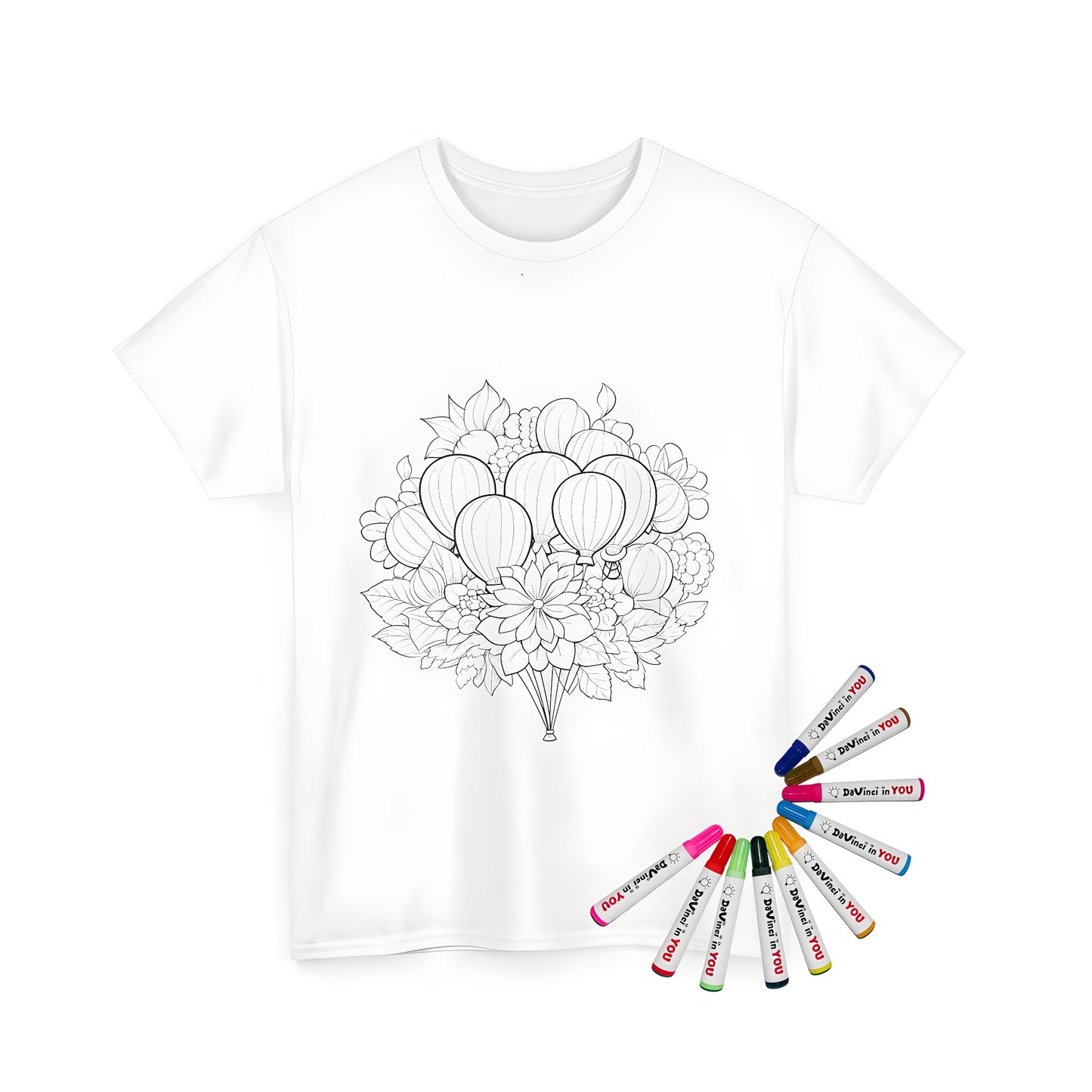 Coloring page inspired Unisex T-shirt featuring an intricate floral bouquet design with hot air balloons in detailed outlines