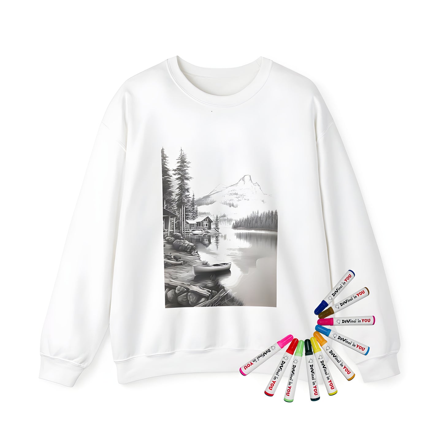 Adult sweatshirt featuring a tranquil mountain lake scene with misty mountains, cozy cabins, tall trees, and a lone canoe on calm waters. Perfect for nature lovers and adult coloring enthusiasts.