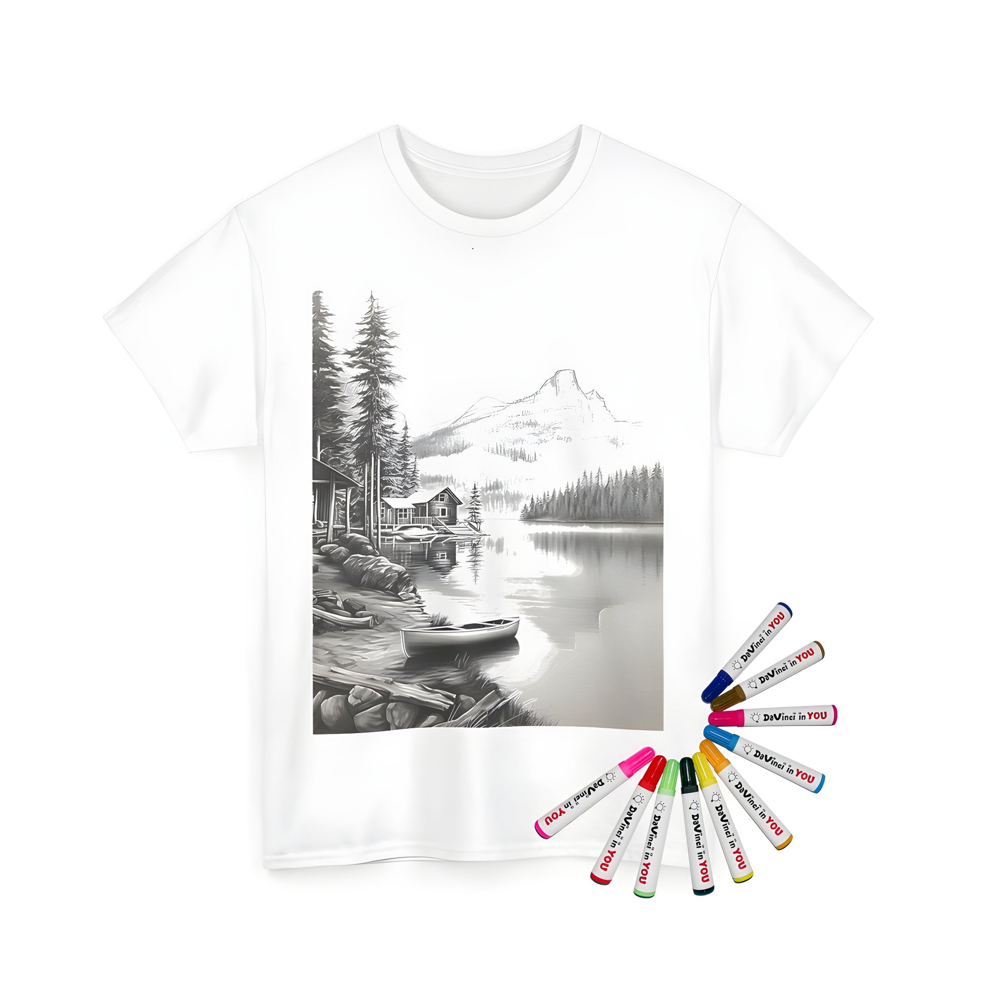 Serene lake scene Unisex T-shirt with colorful fabric markers