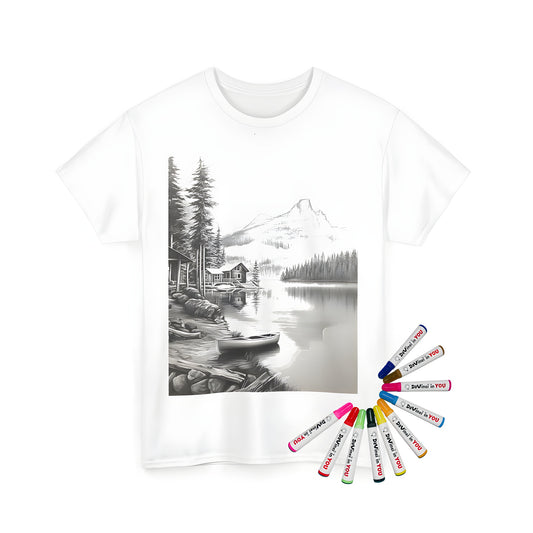 Serene lake scene Unisex T-shirt with colorful fabric markers