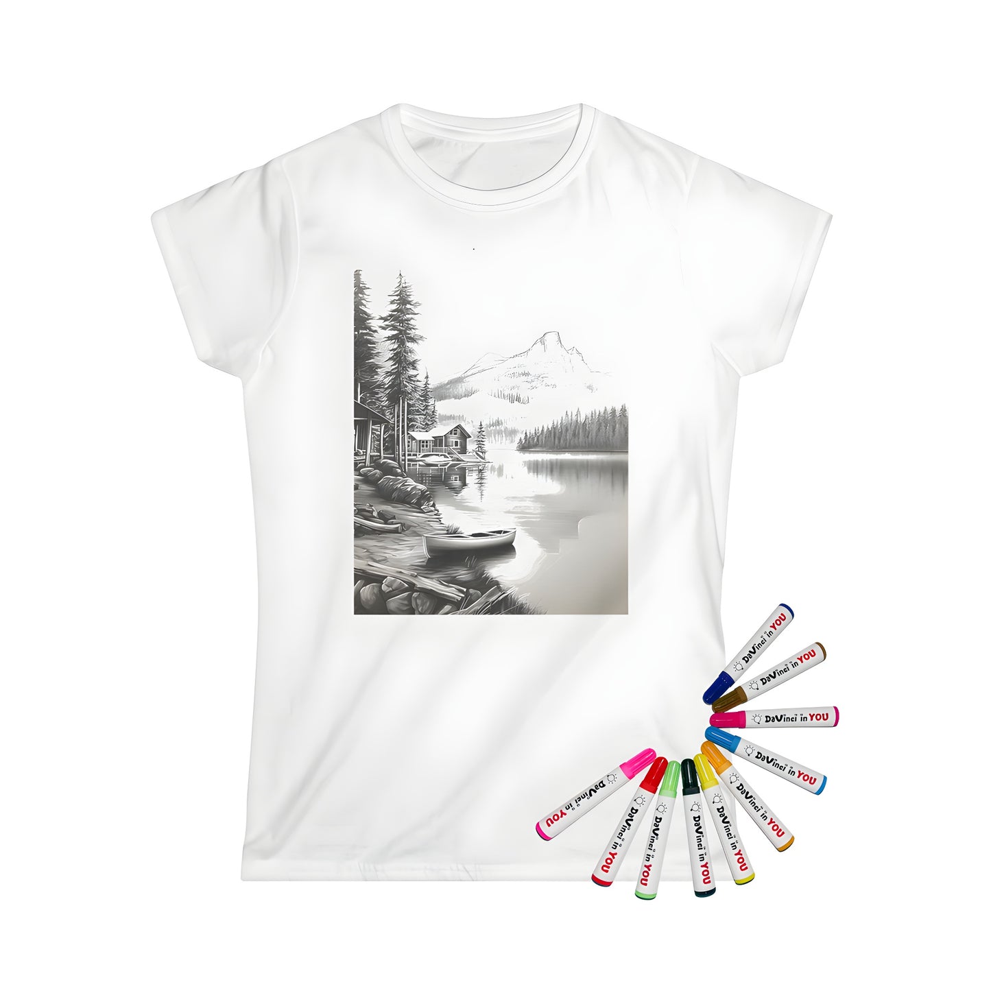 A serene women's t-shirt featuring a tranquil lake scene with misty mountains, cozy cabins, tall trees, and a canoe on calm waters.