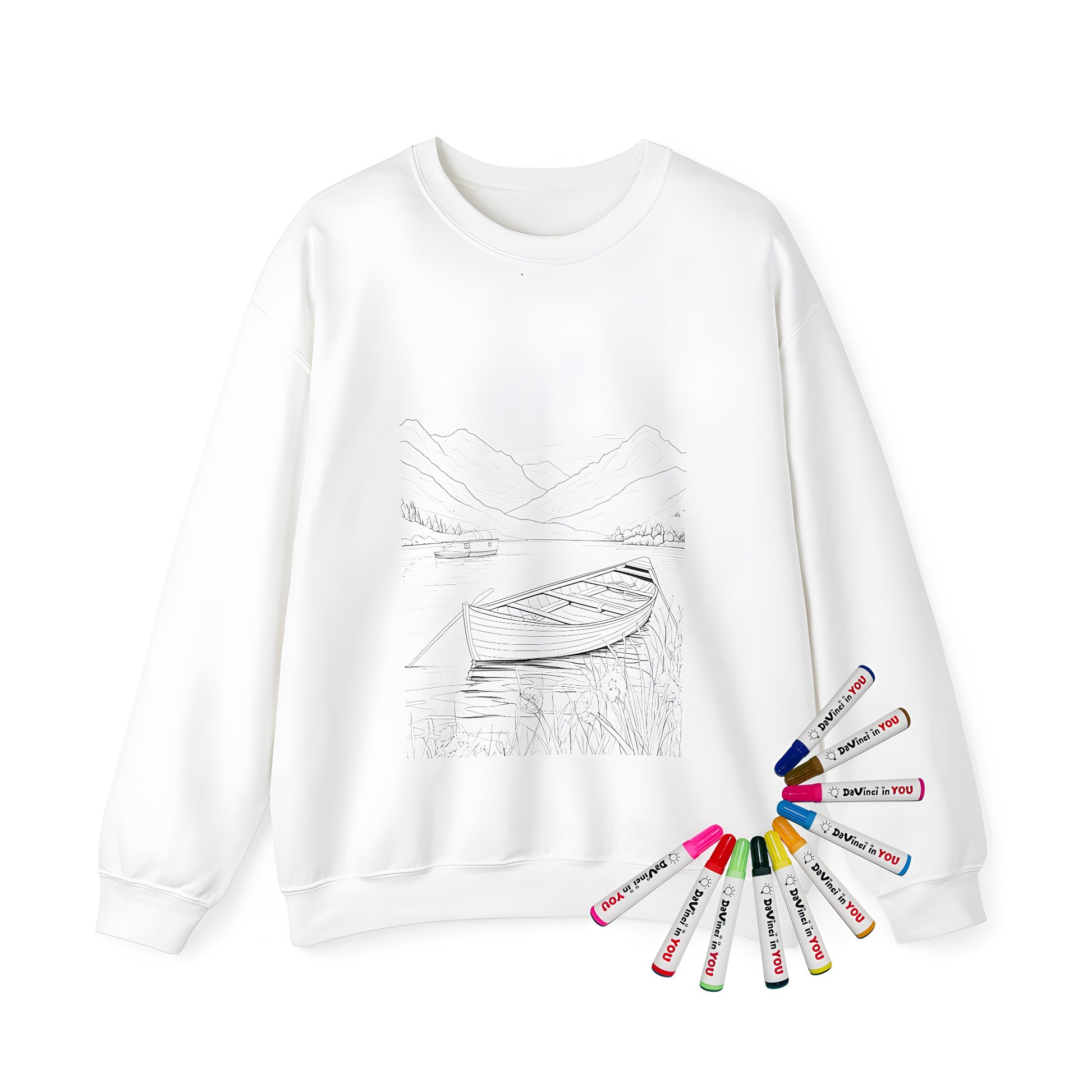 Adult sweatshirt featuring an intricate rowing boat lake scene art design. Calming watercolor lake view print on comfortable casual wear