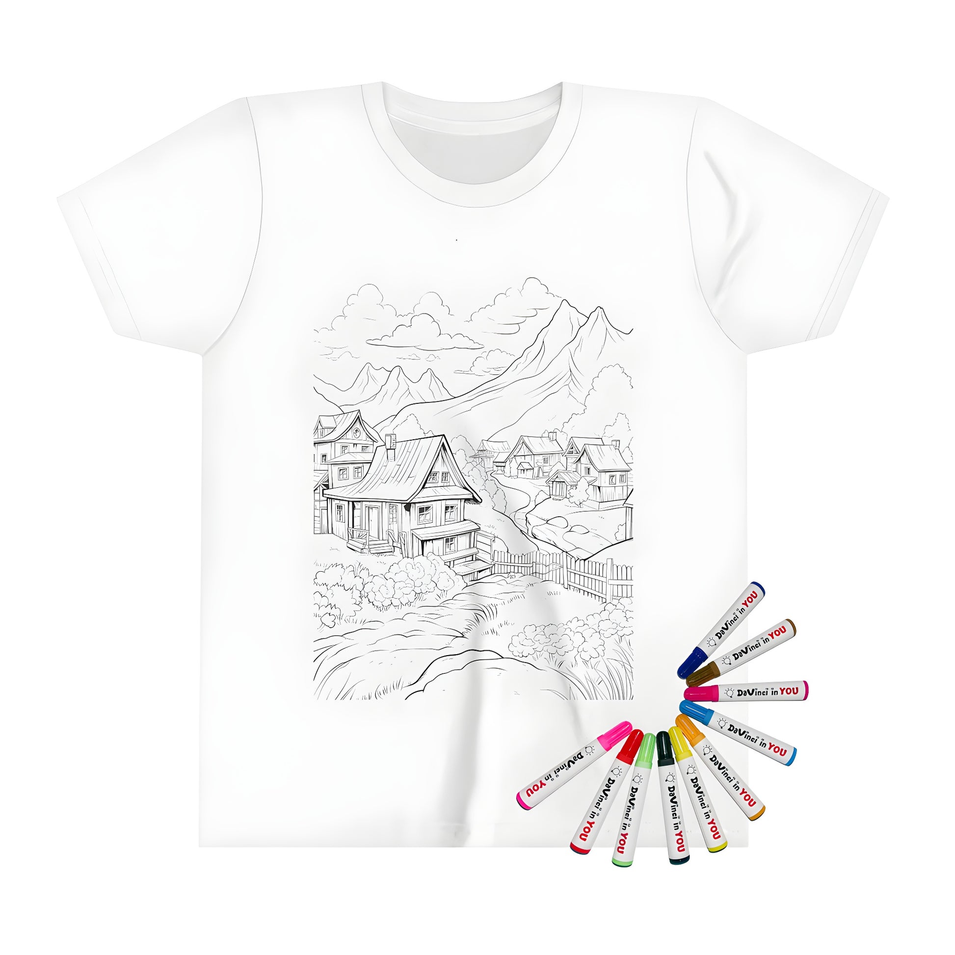 Kid's T-shirt with village scene coloring page design