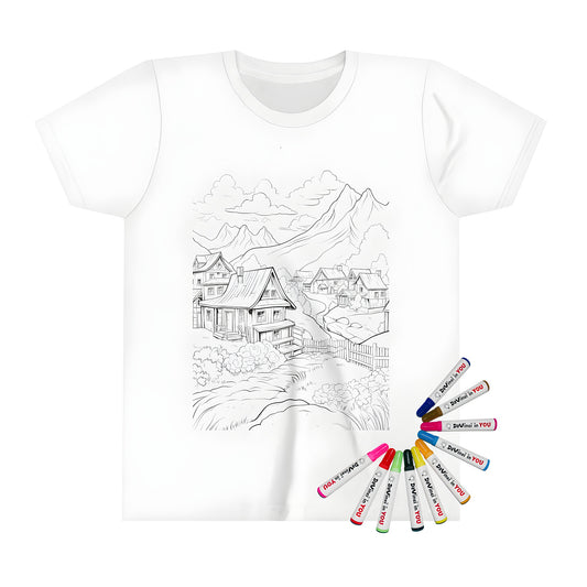 Kid's T-shirt with village scene coloring page design