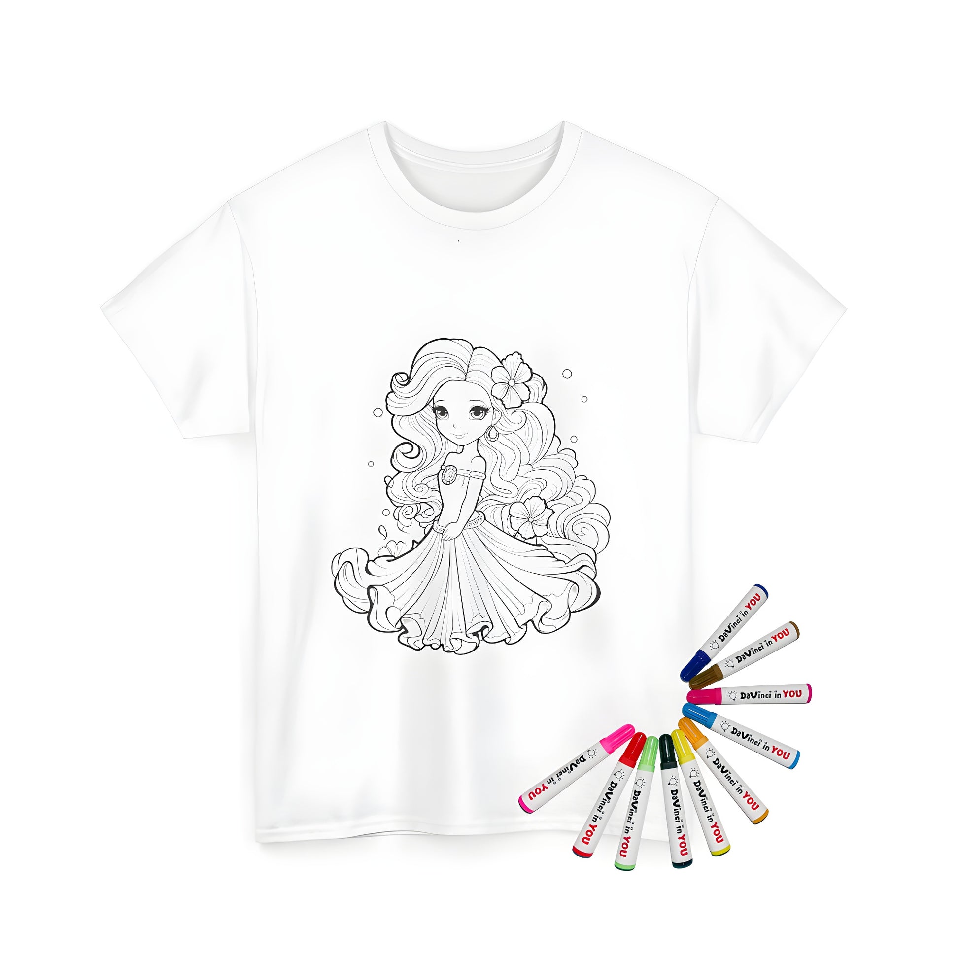 Coloring kit for kids featuring a young princess with long hair and flower-adorned dress printed on a unisex t-shirt