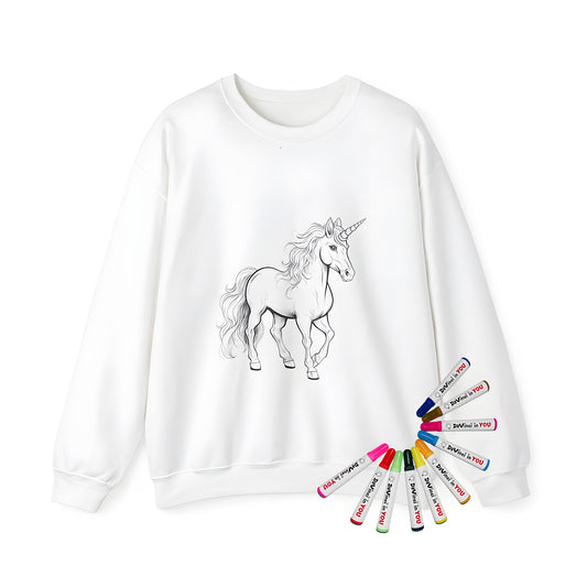 Adult sweatshirt with colorful unicorn design featuring intricate details of a mythical horse's face and flowing mane. Perfect for fantasy fans and coloring enthusiasts.