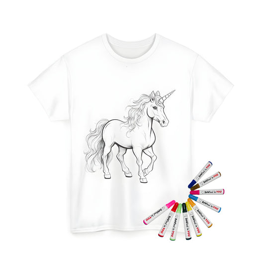 Unisex t-shirt featuring colorful fabric markers and whimsical unicorn design