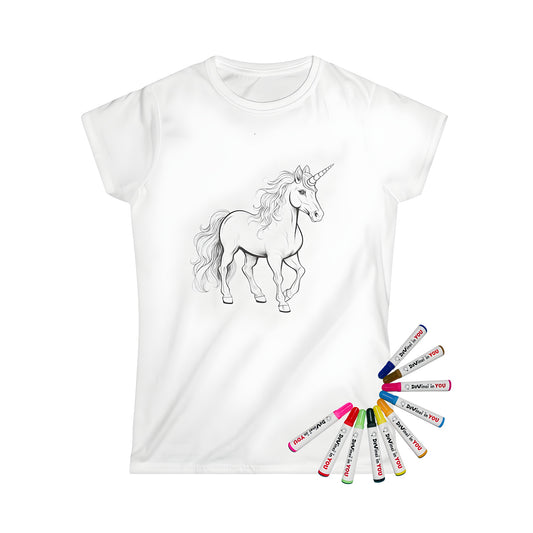 Women's t-shirt with colorful unicorn design, black and white illustration of horse-like mythical creature