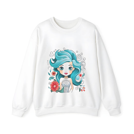 Whimsical cartoon mermaid adult sweatshirt with blue hair, big eyes, and fish scale top, surrounded by flowers and swirls