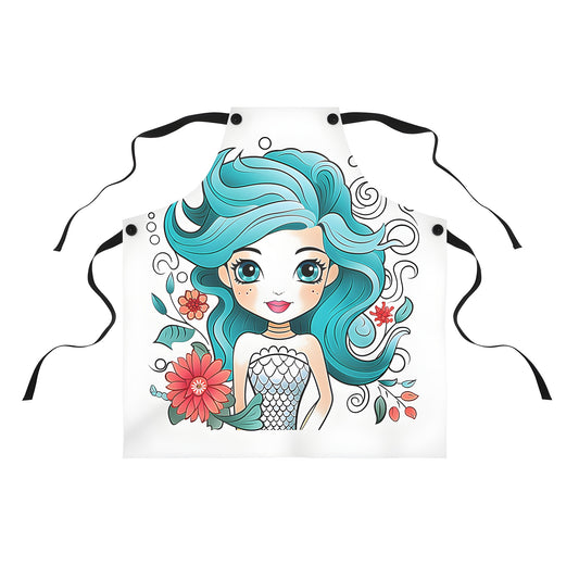 Colorful whimsical mermaid design apron with blue hair, big eyes, fish scale top, surrounded by flowers and swirls