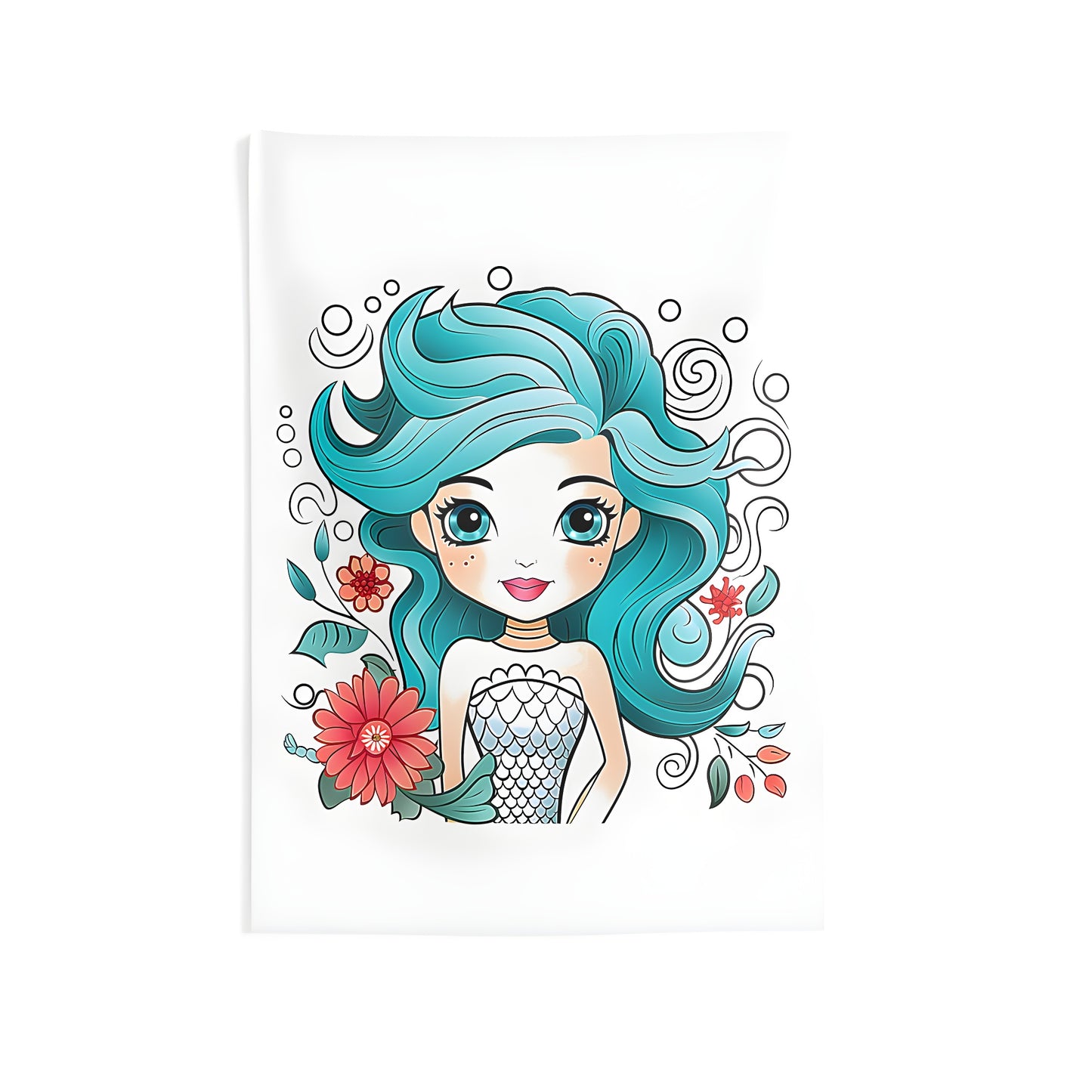 Colorful cartoon mermaid wall tapestry featuring blue hair, big eyes, and fish scale top amidst flowers and swirls.