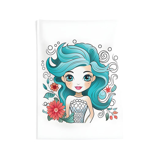 Colorful cartoon mermaid wall tapestry featuring blue hair, big eyes, and fish scale top amidst flowers and swirls.