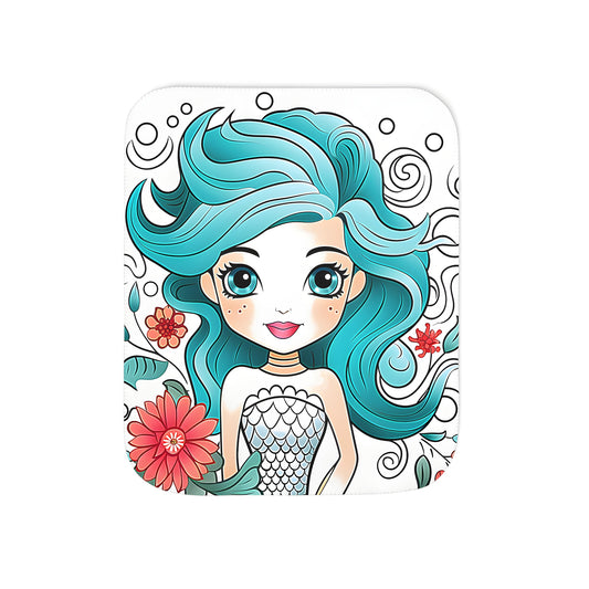 Whimsical cartoon mermaid blanket with blue hair, big eyes, fish scale top, surrounded by flowers and swirls