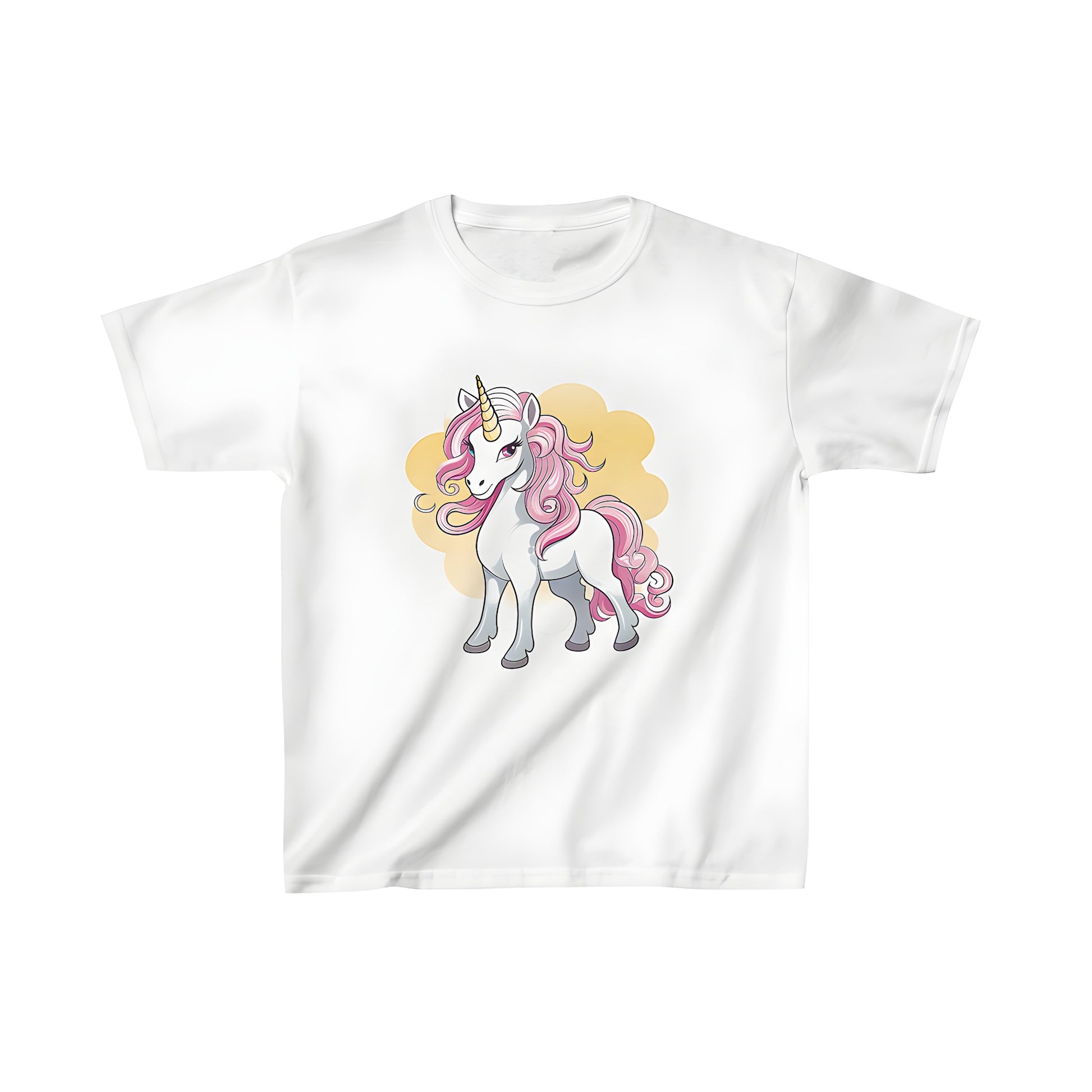 Colorful kids t-shirt featuring a whimsical unicorn print with pink hair and golden horn on a yellow background