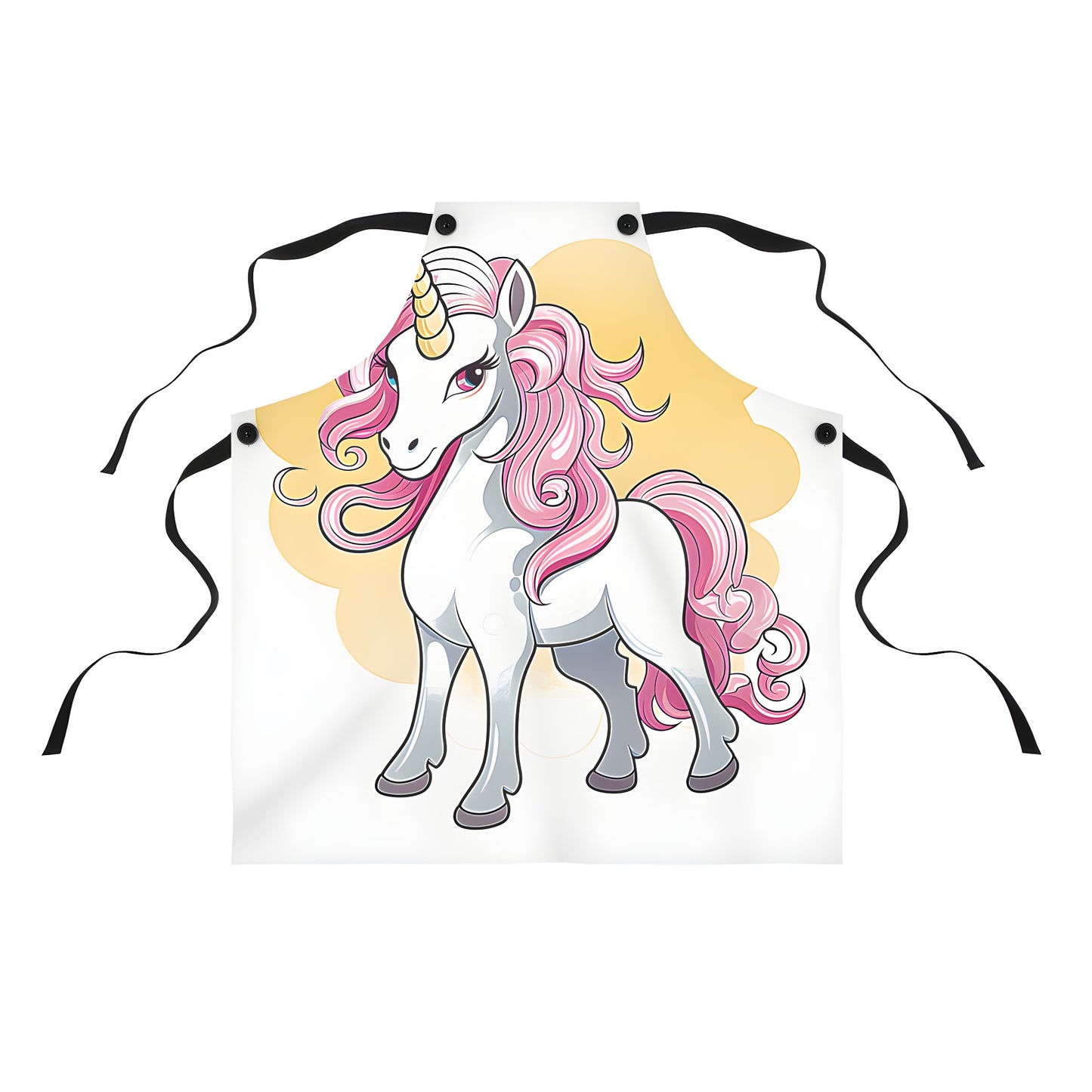 Colorful apron featuring whimsical unicorn design with pink hair and golden horn on yellow background