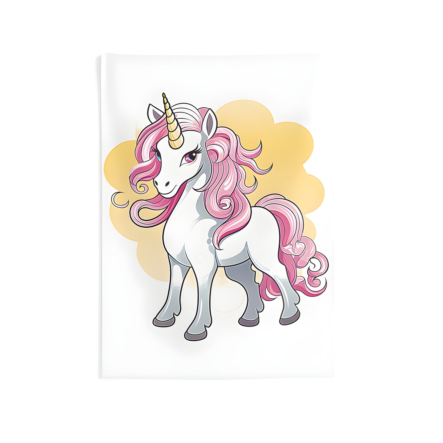 Vibrant colorful unicorn wall tapestries, indoor decor with whimsical unicorn design, pink hair and golden horn surrounded by yellow background