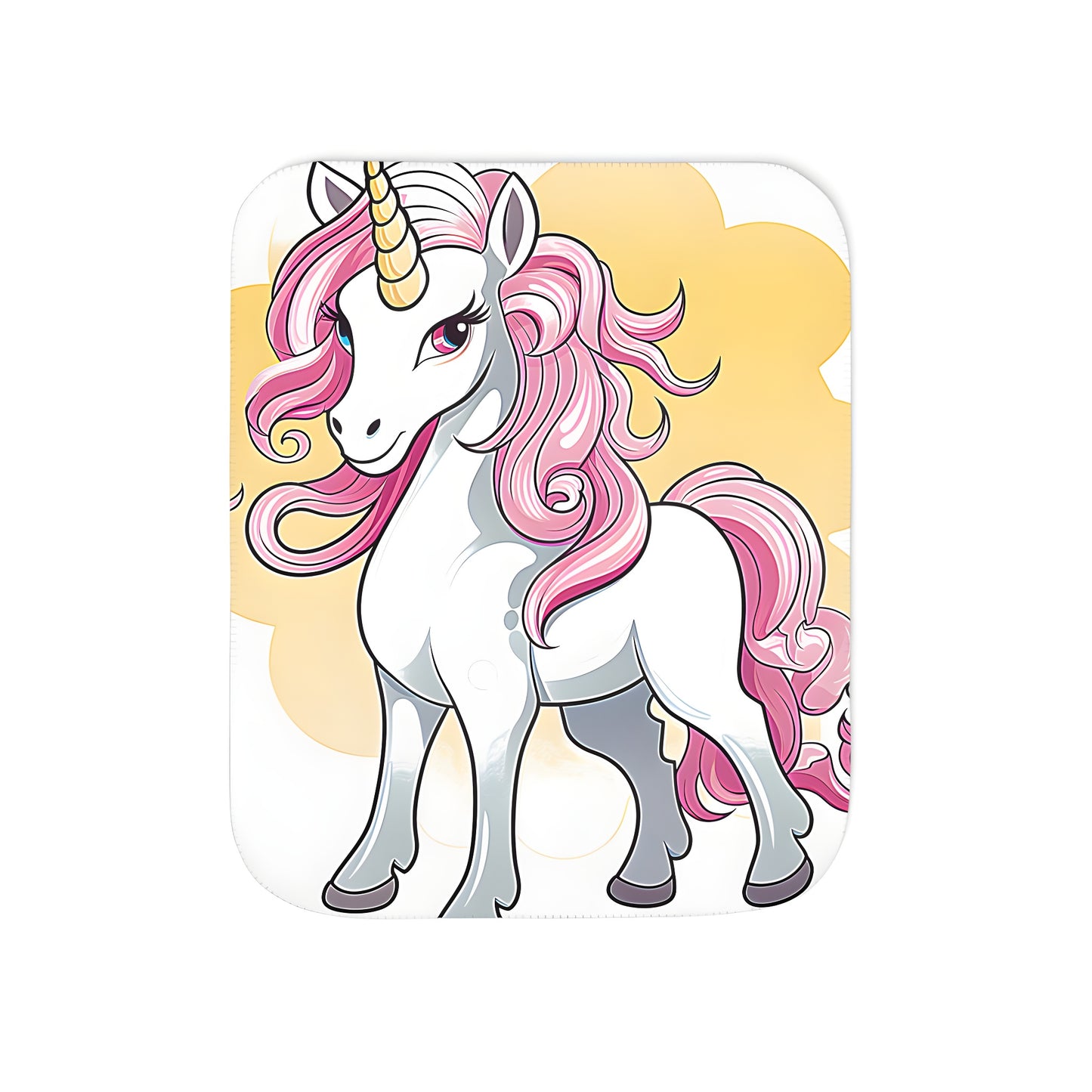 Blanket featuring whimsical unicorn design with pink hair and golden horn on a yellow background