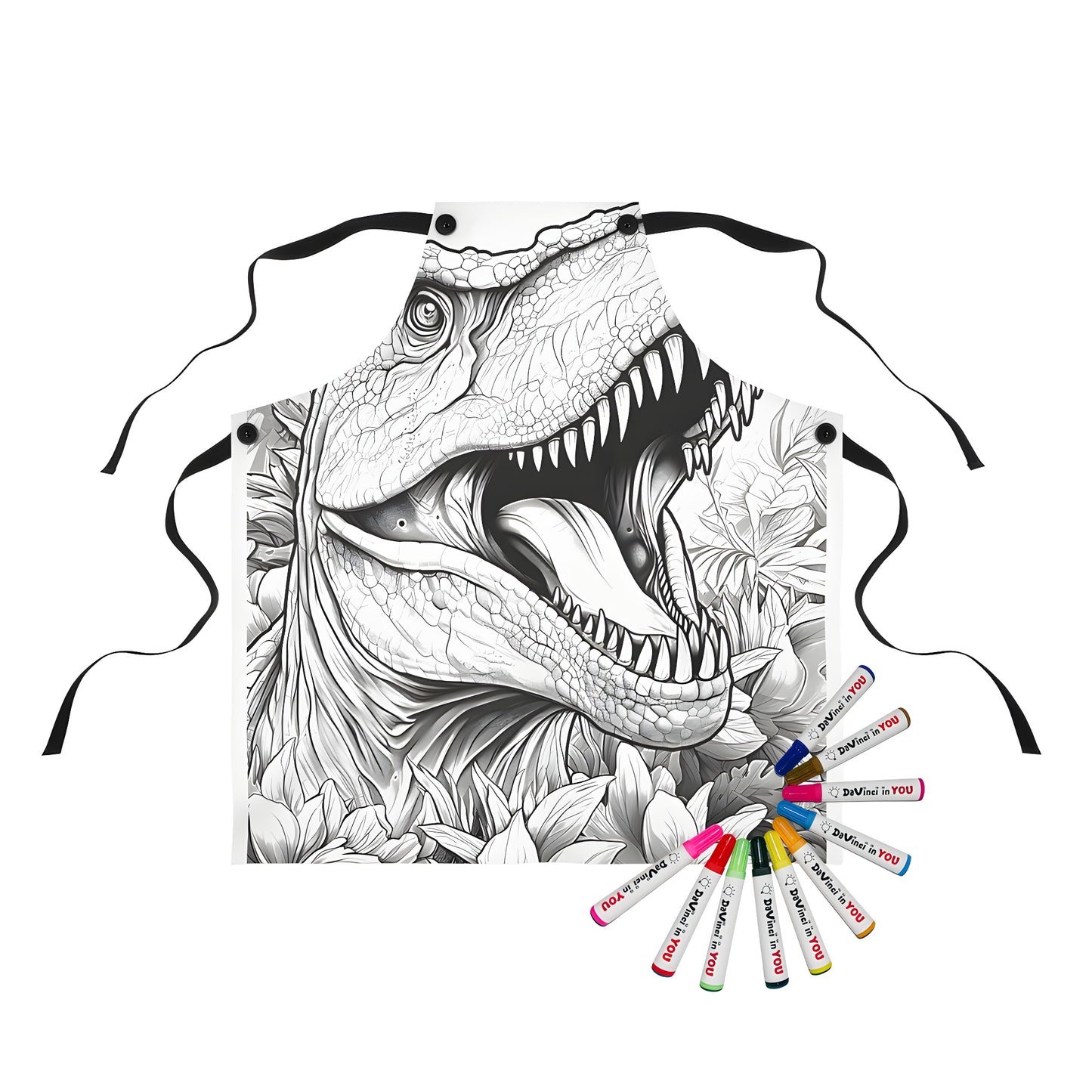 Coloring apron featuring a detailed T-Rex design with an open mouth and lush foliage