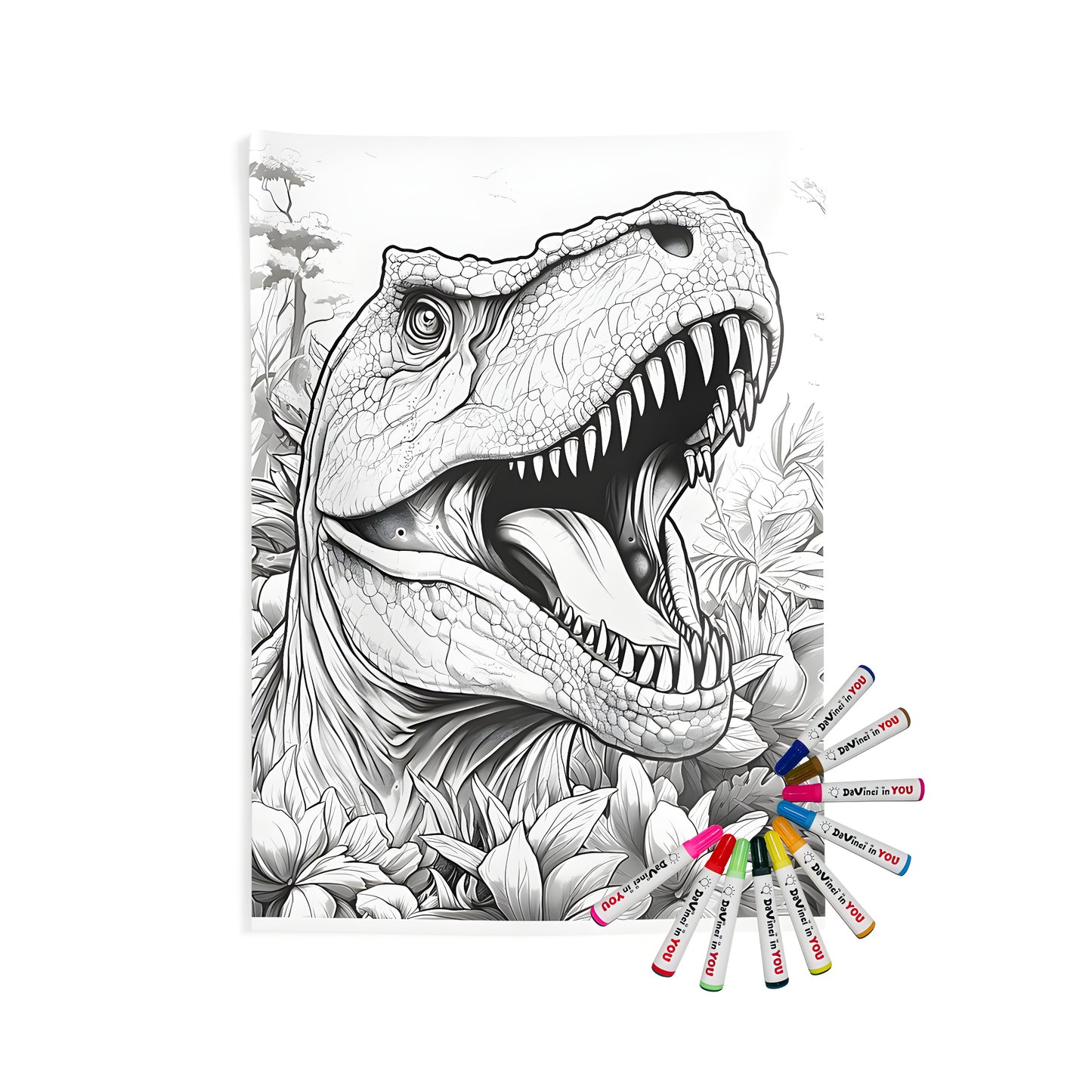 A detailed dinosaur wall hanging with rich foliage, colorful markers for adult coloring, a fun home decor item inspired by a black and white drawing of a T-Rex skeleton with open mouth