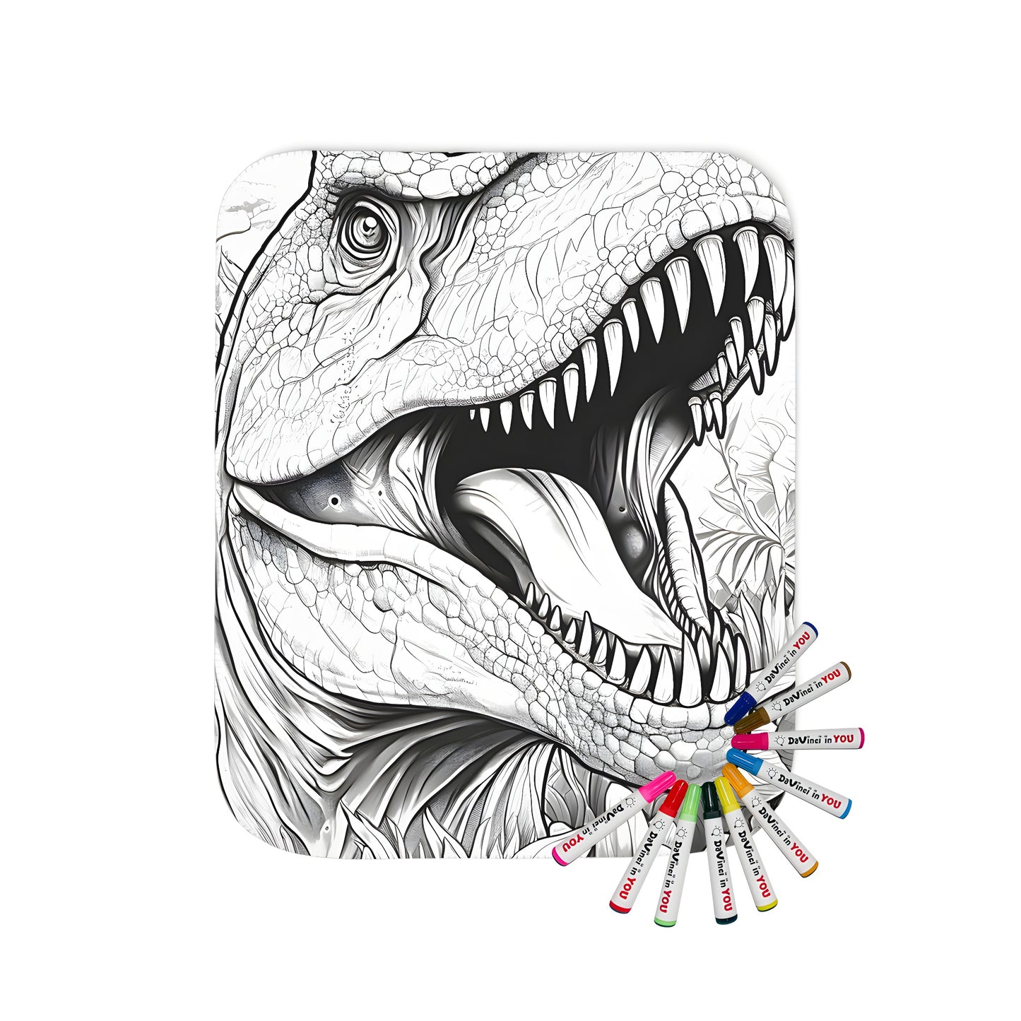 Blanket featuring a detailed T-Rex illustration with open mouth and lush foliage, perfect for adult coloring fans