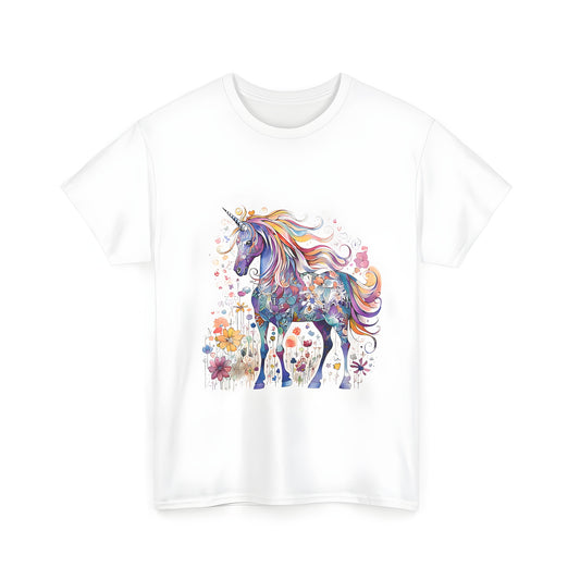 Unisex tee featuring vibrant unicorn illustration with rainbow mane and floral patterns on a colorful background