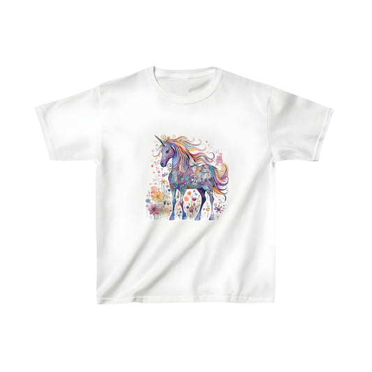 Colorful kids t-shirt featuring a vibrant unicorn illustration with rainbow mane and floral patterns surrounded by blooming flowers