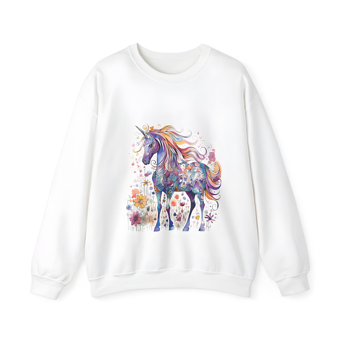 Adult sweatshirt featuring vibrant unicorn illustration with rainbow mane and floral patterns