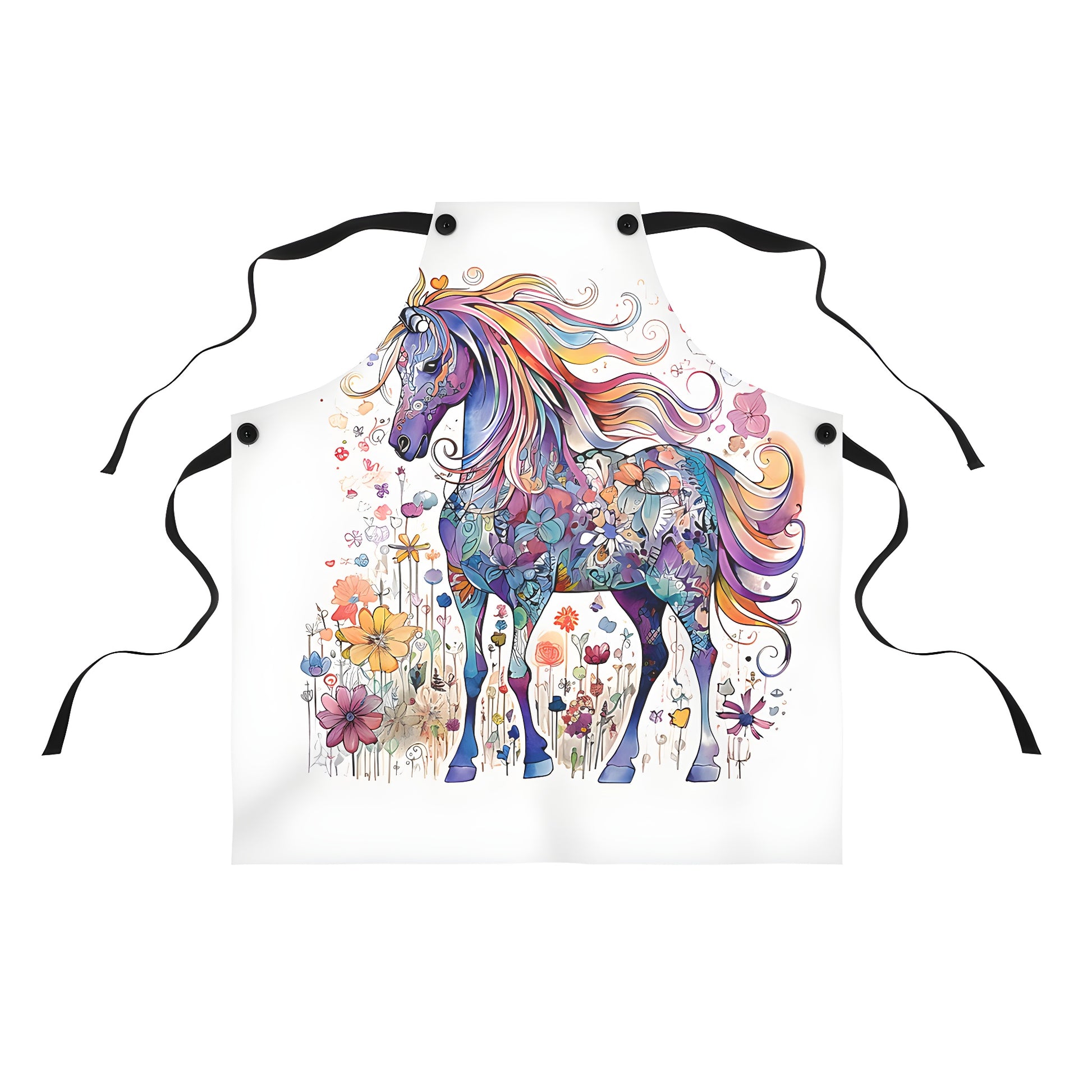 Colorful Unicorn Illustration Apron with Rainbow Mane and Blooms