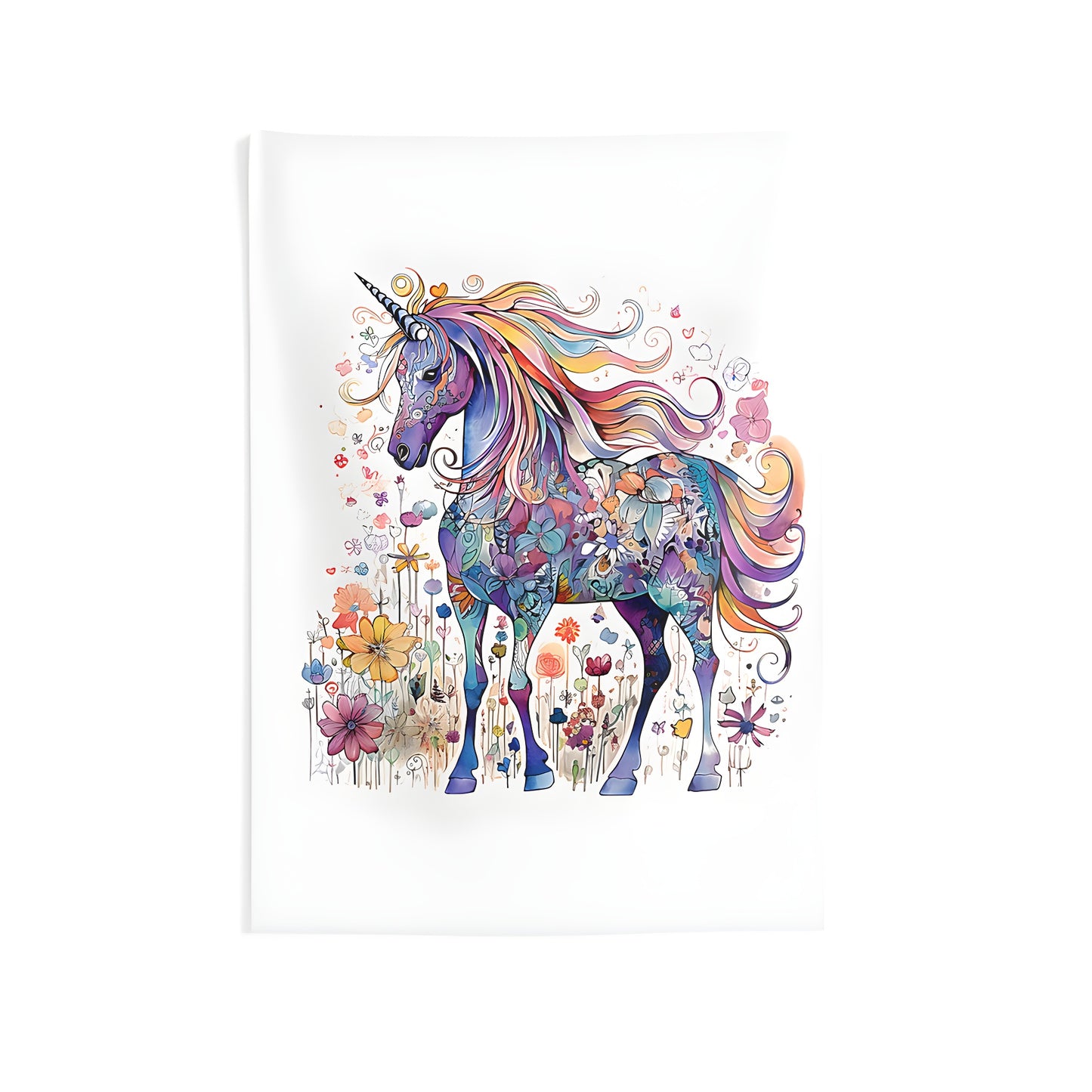 Indoor wall tapestry with colorful unicorn illustration, floral patterns, and blooming flowers. Unique home decor item for indoor use.