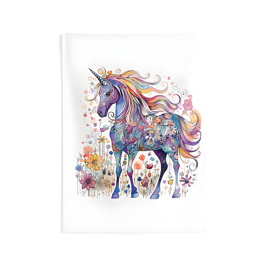 Indoor wall tapestry with colorful unicorn illustration, floral patterns, and blooming flowers. Unique home decor item for indoor use.