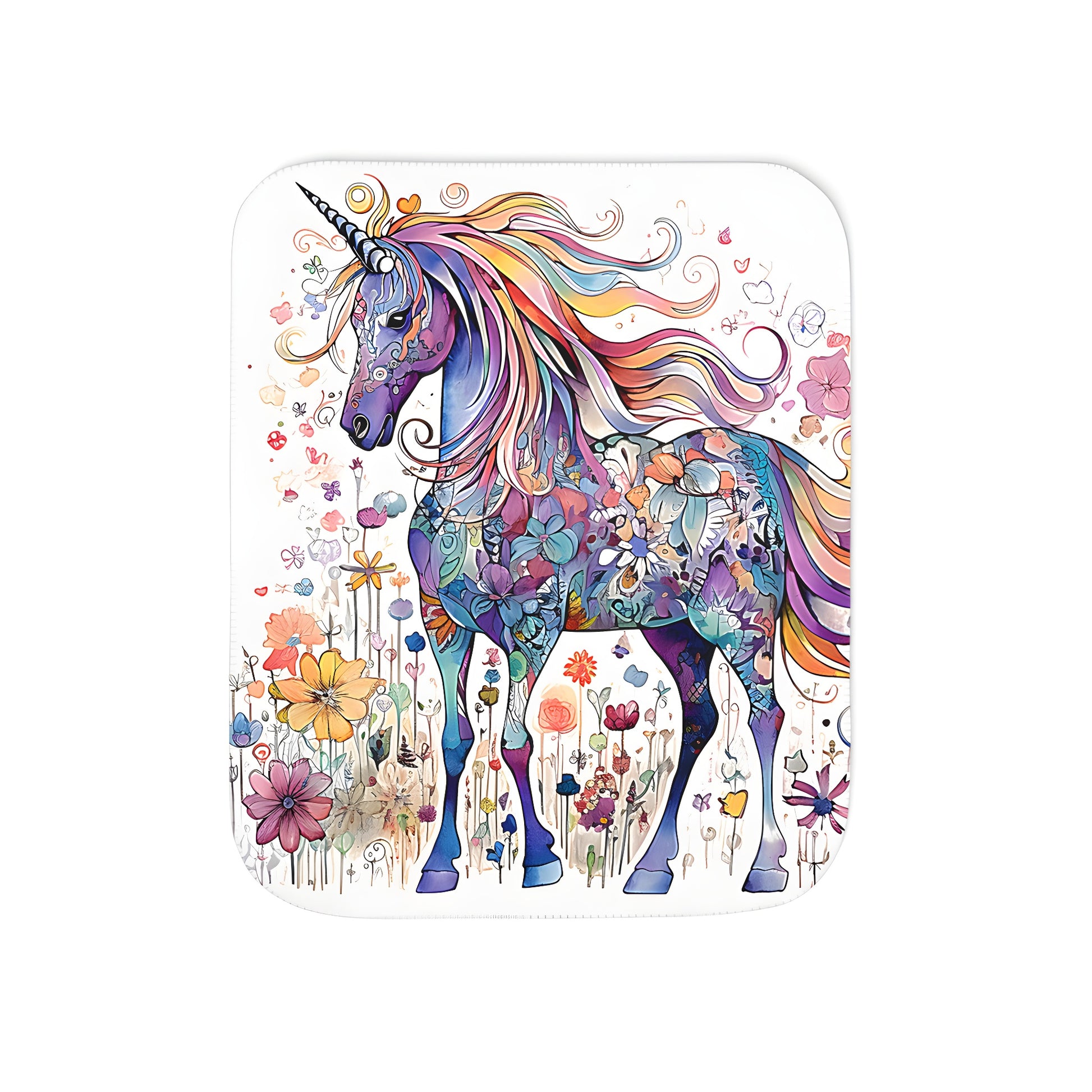 Colorful blanket with vibrant unicorn illustration, rainbow mane and floral patterns, surrounded by blooming flowers. Unique and cozy throw blanket for any room.