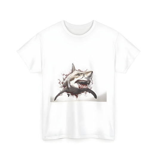 Unisex graphic t-shirt featuring an illustration of a great white shark with sharp teeth breaking through the water's surface, surrounded by vibrant splashes and red accents.