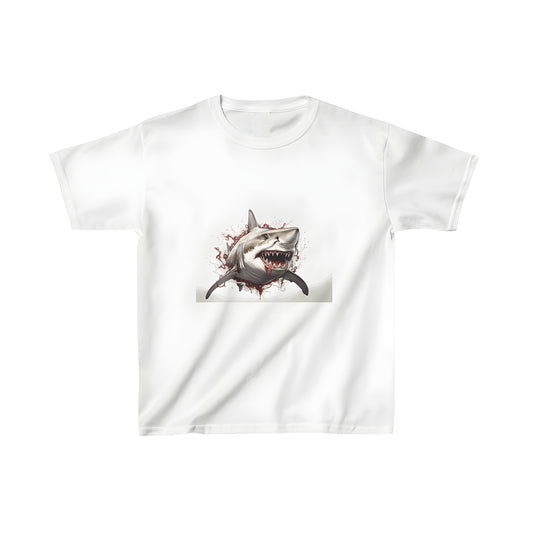 Colorful kids t-shirt featuring a fierce great white shark, a finned predator emerging from the ocean with dynamic splashes and red accents.