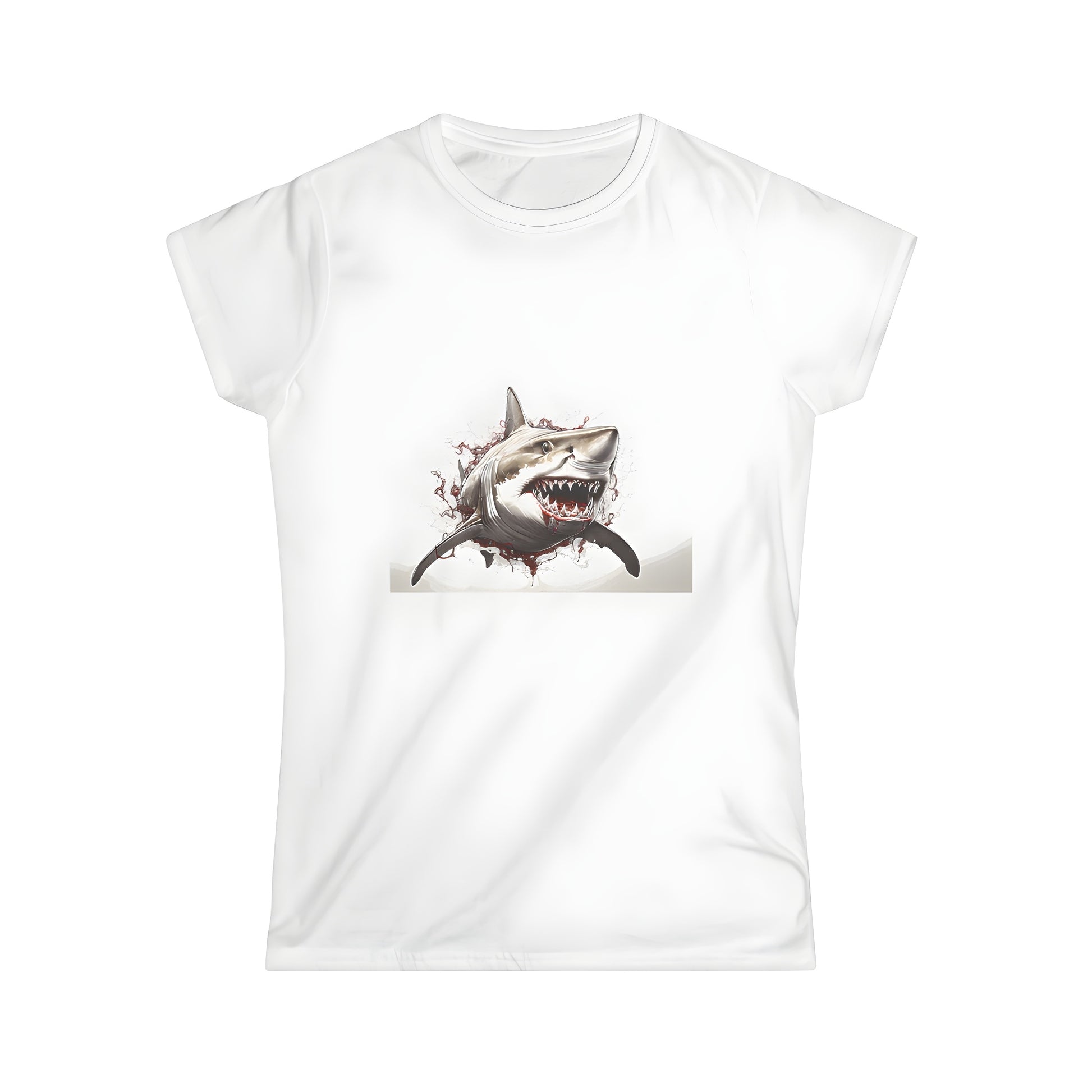 Women's graphic t-shirt featuring a fierce shark design with sharp teeth emerging from the water, surrounded by colorful splashes and red accents.