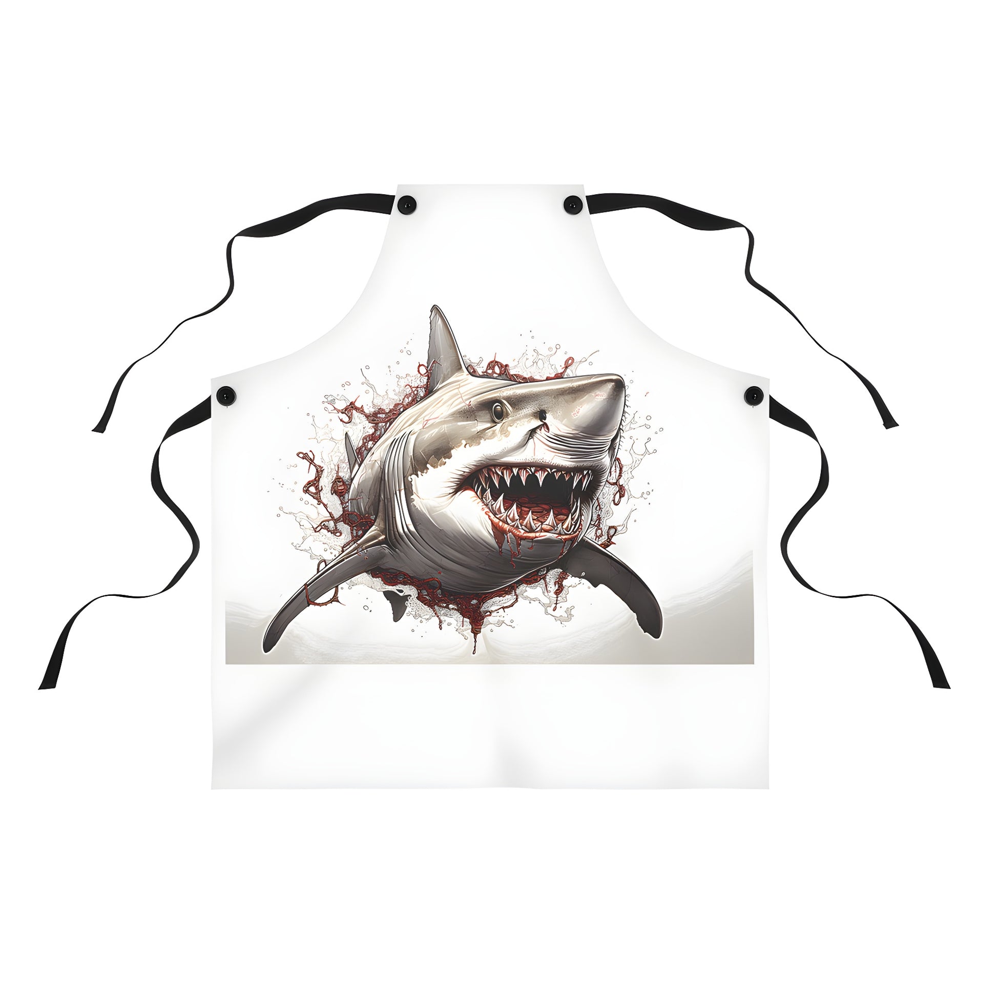 A fun colorful apron featuring a fierce great white shark emerging from the water with sharp teeth, splashes and red elements.