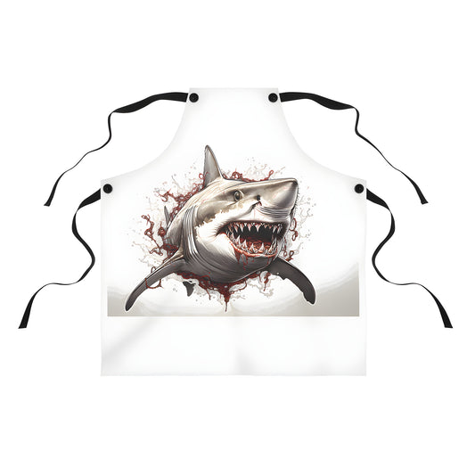 A fun colorful apron featuring a fierce great white shark emerging from the water with sharp teeth, splashes and red elements.