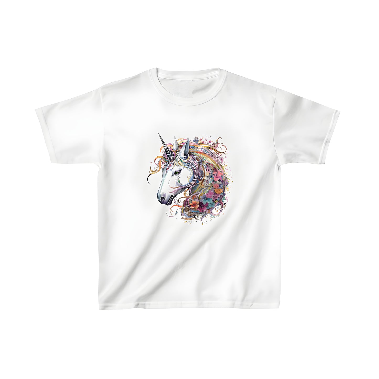 Colorful kid's t-shirt featuring a unicorn design with flowers in the mane