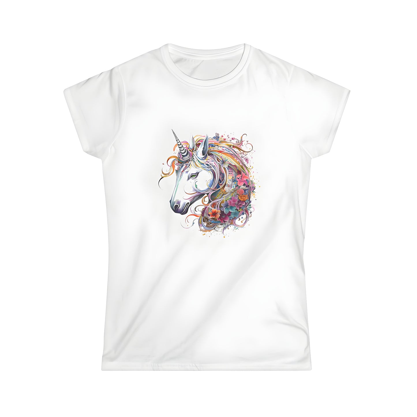 Women's colorful unicorn t-shirt with flower-filled mane and whimsical design