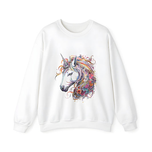 Adult Sweatshirt featuring colorful unicorn head with vibrant flower-filled mane, perfect for fans of magical and whimsical fantasy