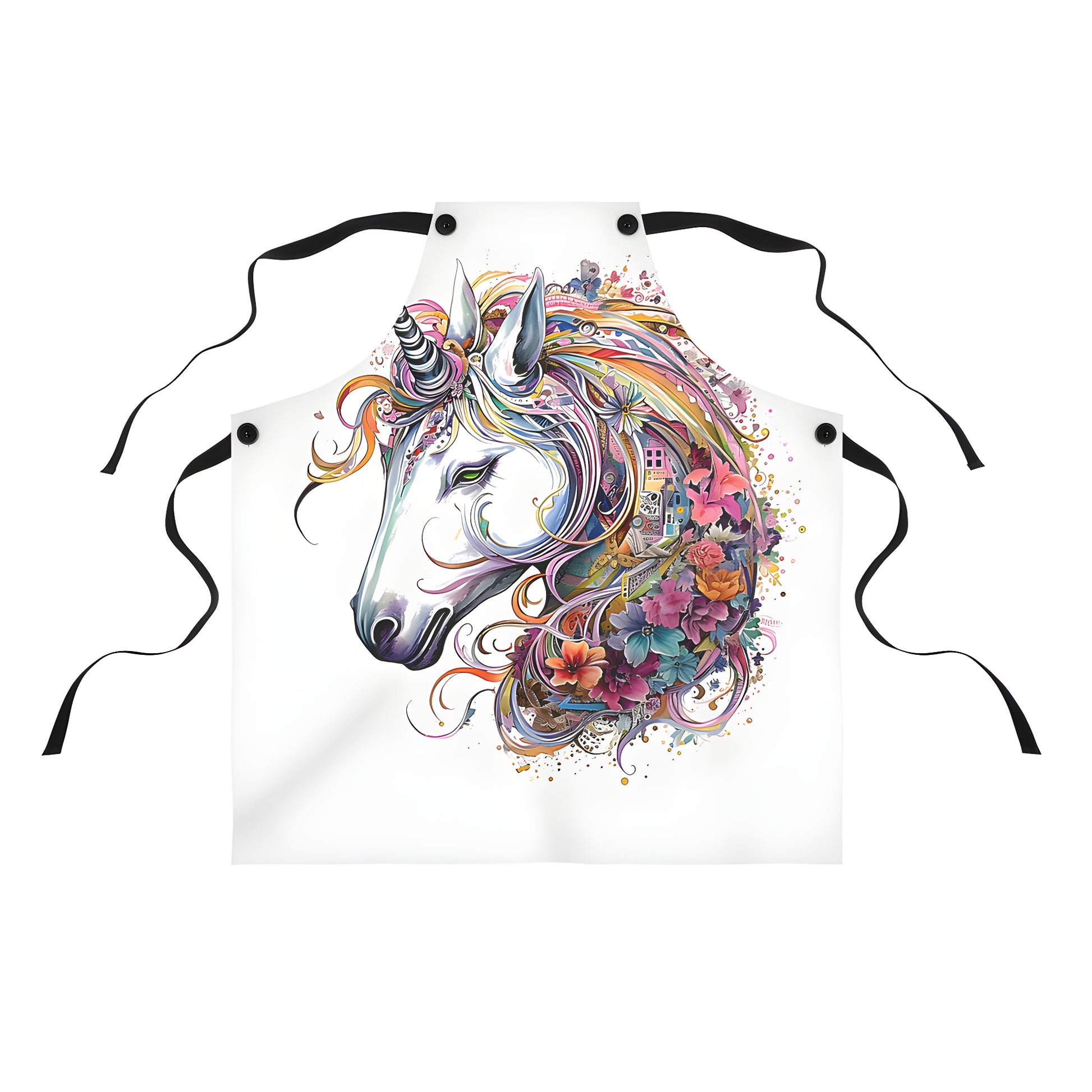 Colorful apron featuring an enchanting unicorn horse design with floral mane and tail, perfect for magical kitchen attire