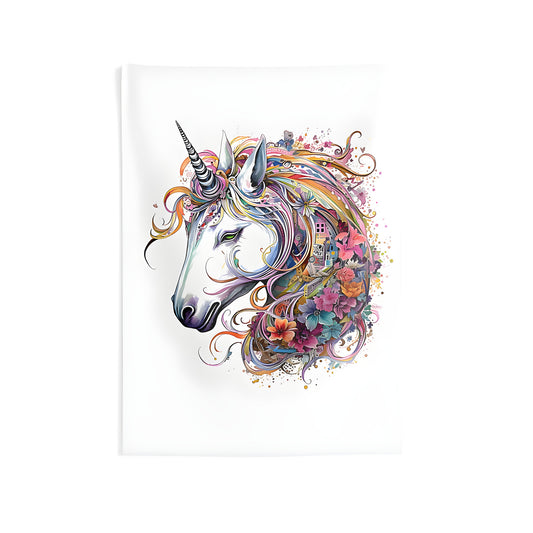 Colorful unicorn wall tapestry for indoor decor with floral mane