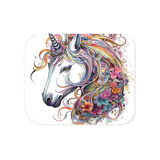 Cozy blanket featuring a colorful horse head design with vibrant flowers and a whimsical touch