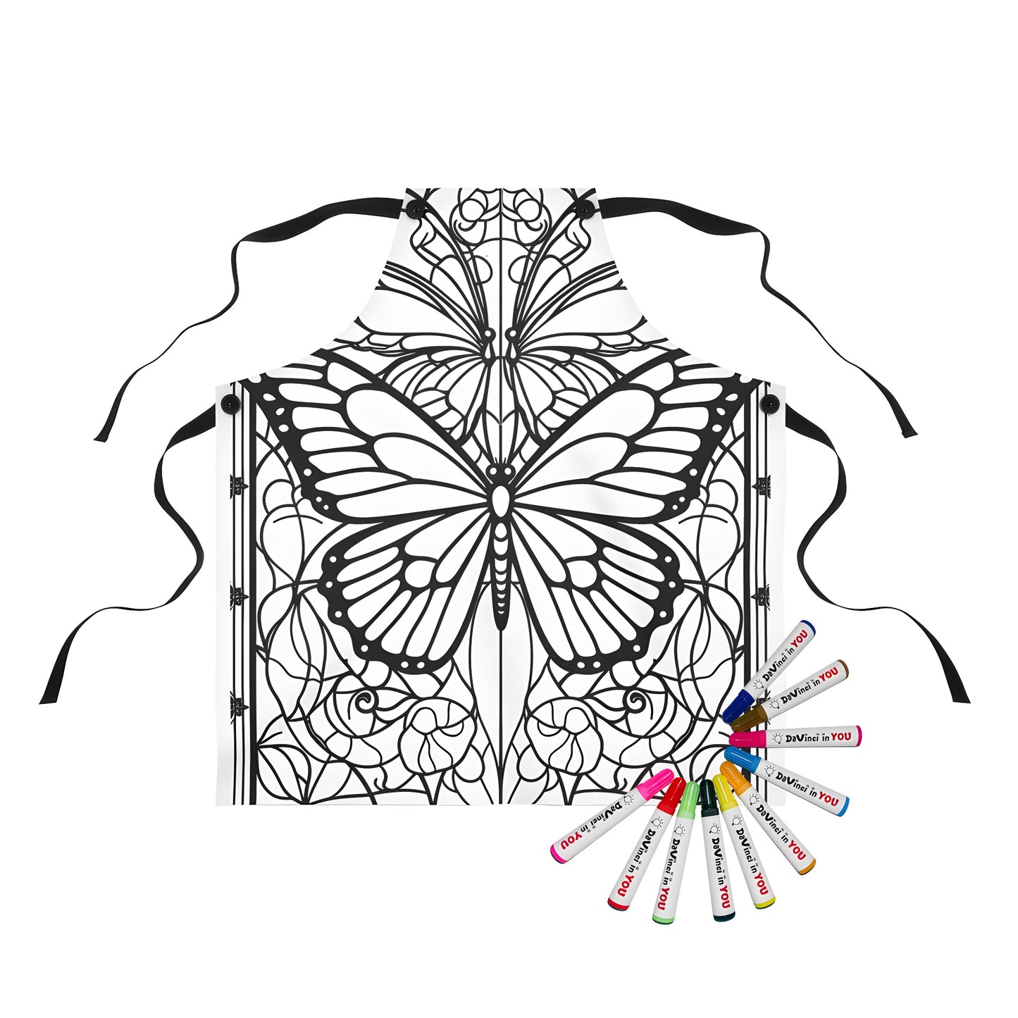 Intricate stained glass butterfly apron design, perfect for adult coloring and fabric art