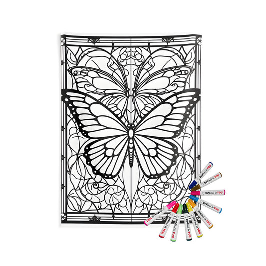 Indoor wall tapestries with stained glass butterfly art for adult coloring book enthusiasts