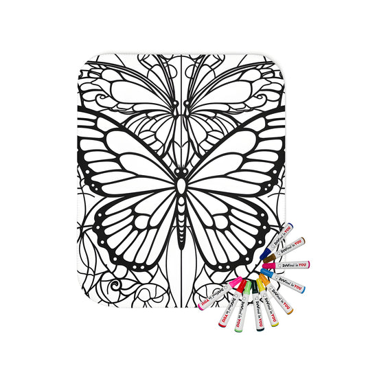 Intricate stained glass butterfly design blanket with vibrant flowers and two large butterflies for adult coloring book enthusiasts