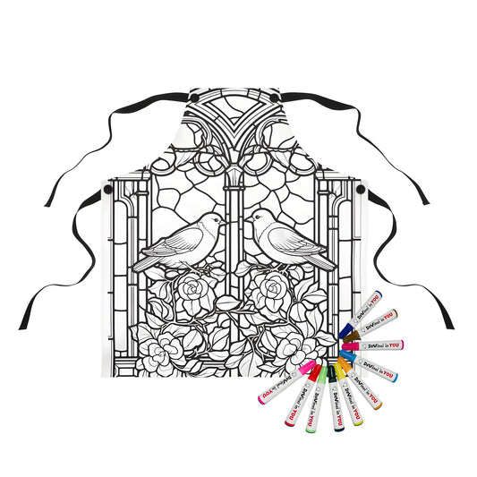 Intricate stained glass window art design apron with two pigeons perched among roses for adult coloring enthusiasts