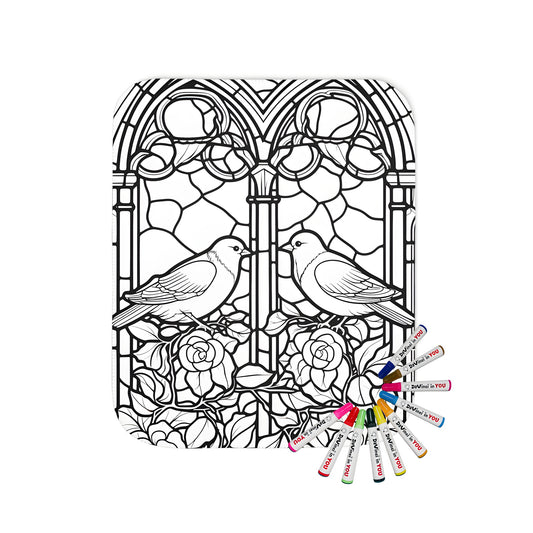 Aesthetic stained glass window art blanket design featuring two doves perched among roses, intricately detailed in gothic style with vibrant colors.